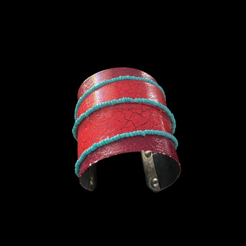 Upcycled Vintage Turquoise Beaded Red & Magenta Pleather Cuff Bracelet