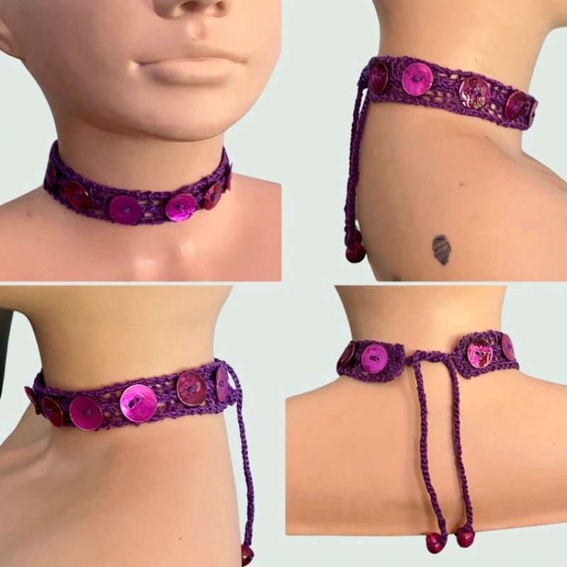 Magenta Purple Shell Button Embellished Purple Handknit Cotton Choker Necklace