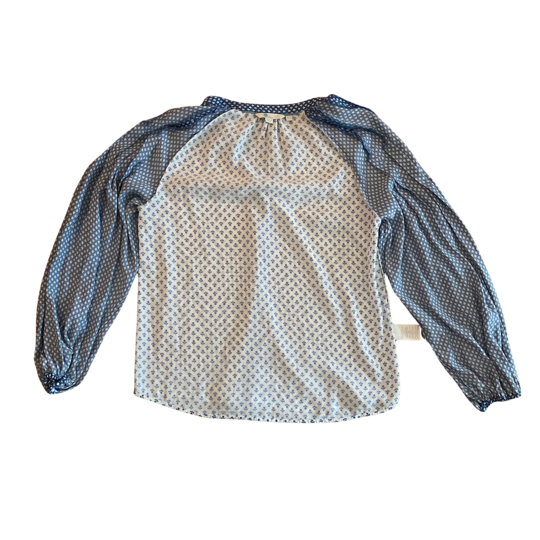 Blue & White Floral Button Down Balloon Sleeve Blouse (6)
