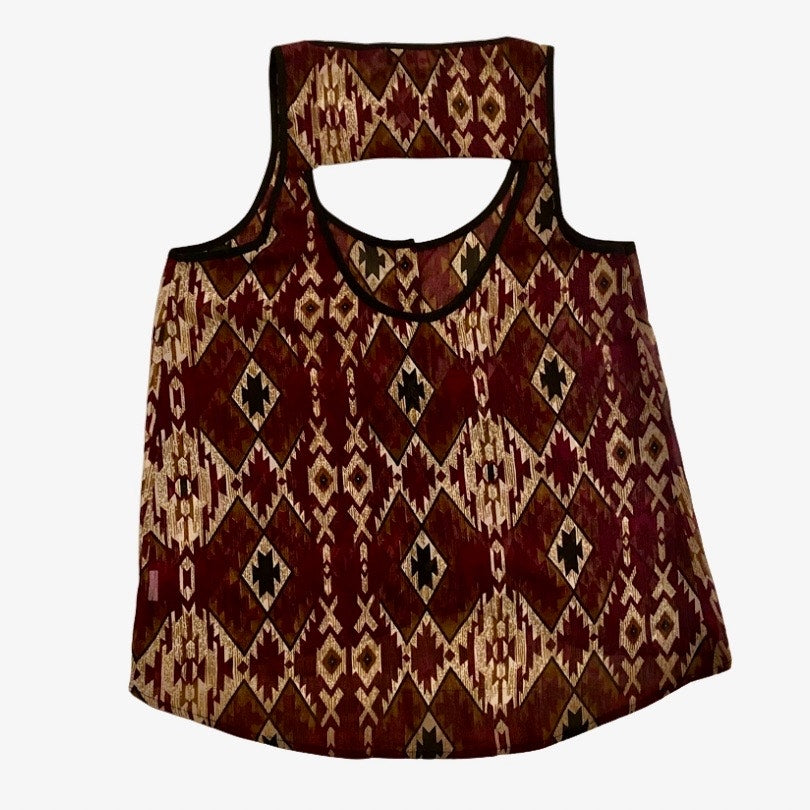 Sleeveless Sheer Black/ Burgundy Red/Cream Geometric Print Button Down Blouse (S)