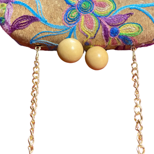 Floral Embroidered Cork Oval Clutch/ Crossbody Bag with Removable Gold Chain Strap