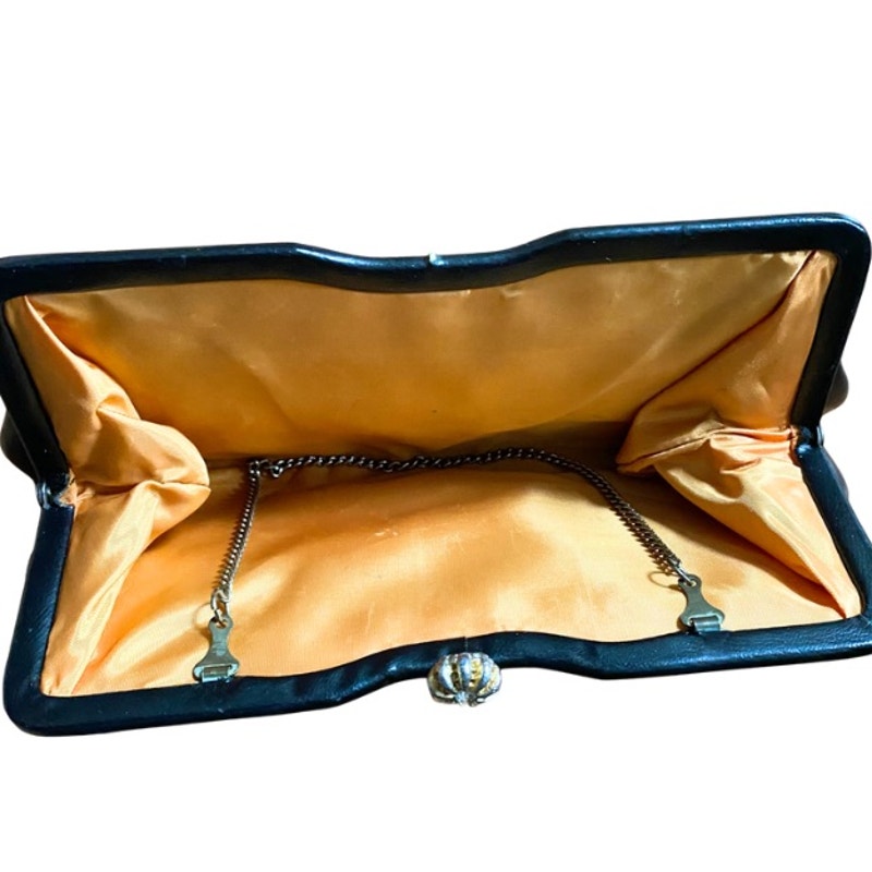 Vintage 60’s Black Faux Leather Frame Bag Clutch with Mixed Metal Starburst Clasp