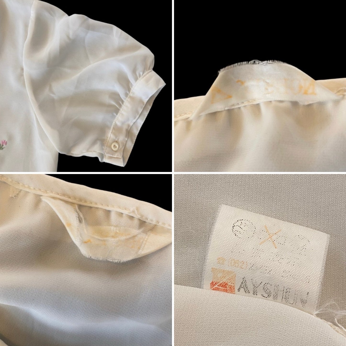 Vintage White Ruffle Collar Embroidered Pink & Green Flowers Sheer Button Down Blouse (S)