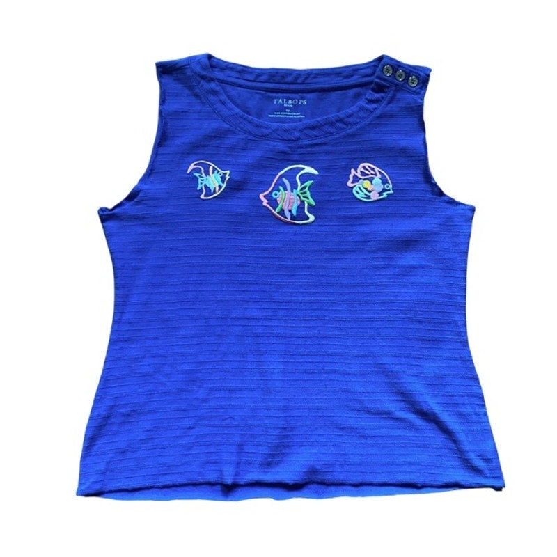 Upcycled Tropical Fish Vintage Patch Embellished Sleeveless Cobalt Blue Tank Top (S)