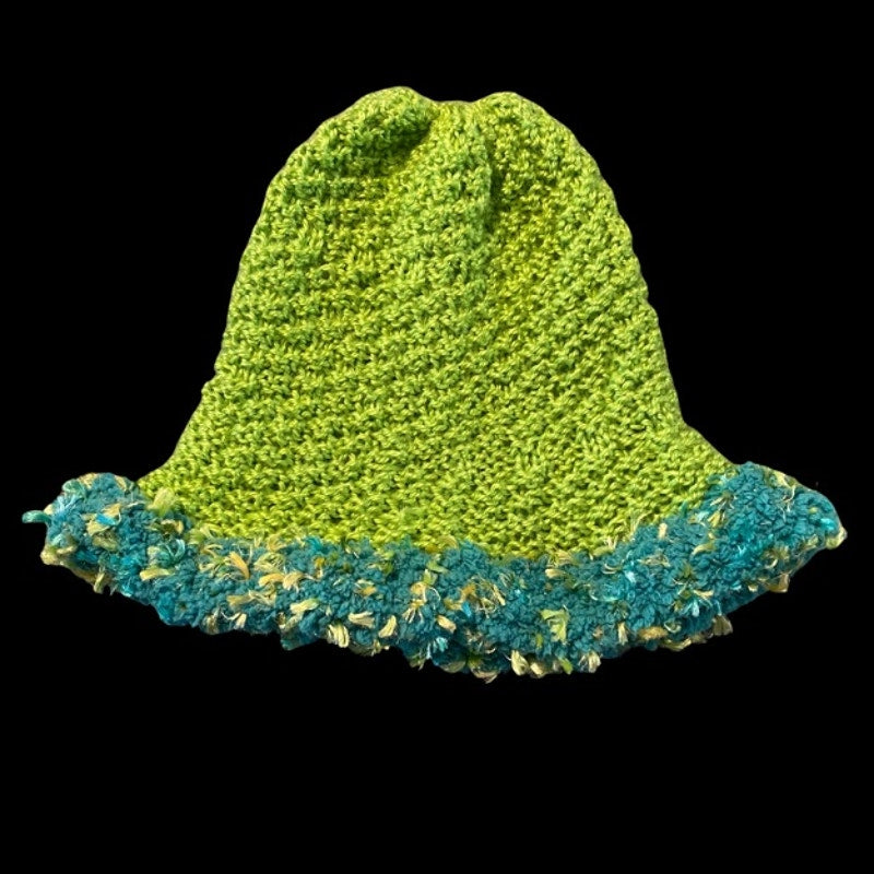Mossy Lime Green & Teal Fuzzy Trim Bucket Hat (L)