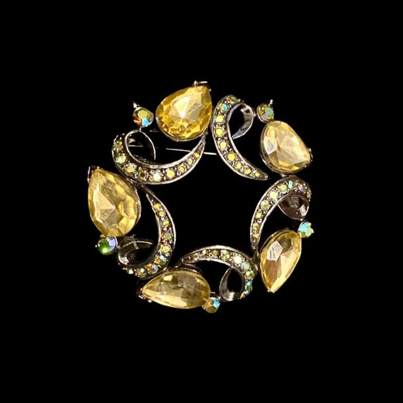 Anne Klein Yellow Crystal Rhinestone Studded Pewter Wreath Pin