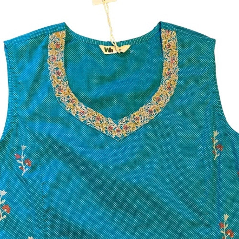 NWT Teal Blue & White Polka Dot Embroidered Floral Cotton Sleeveless Tunic Top (S)