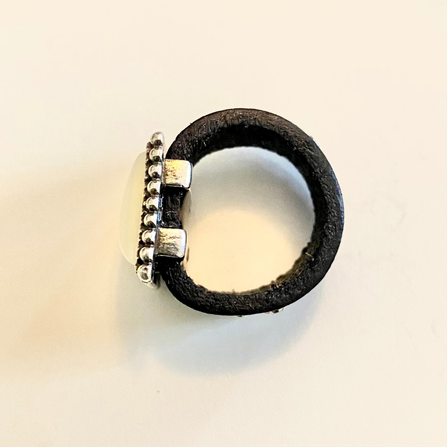 80's Mother of Pearl Square Signet Ring with Studded Leather Band (4.5)