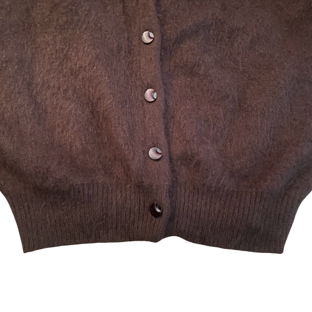 Vintage Chocolate Brown Rabbit Fur Knit Button-Down Sweater (Large)