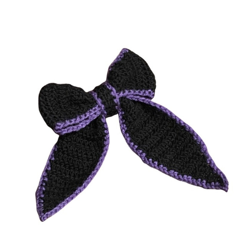 Black Crochet Bow with Purple Trim - Handmade Accessory with Removable Clip
