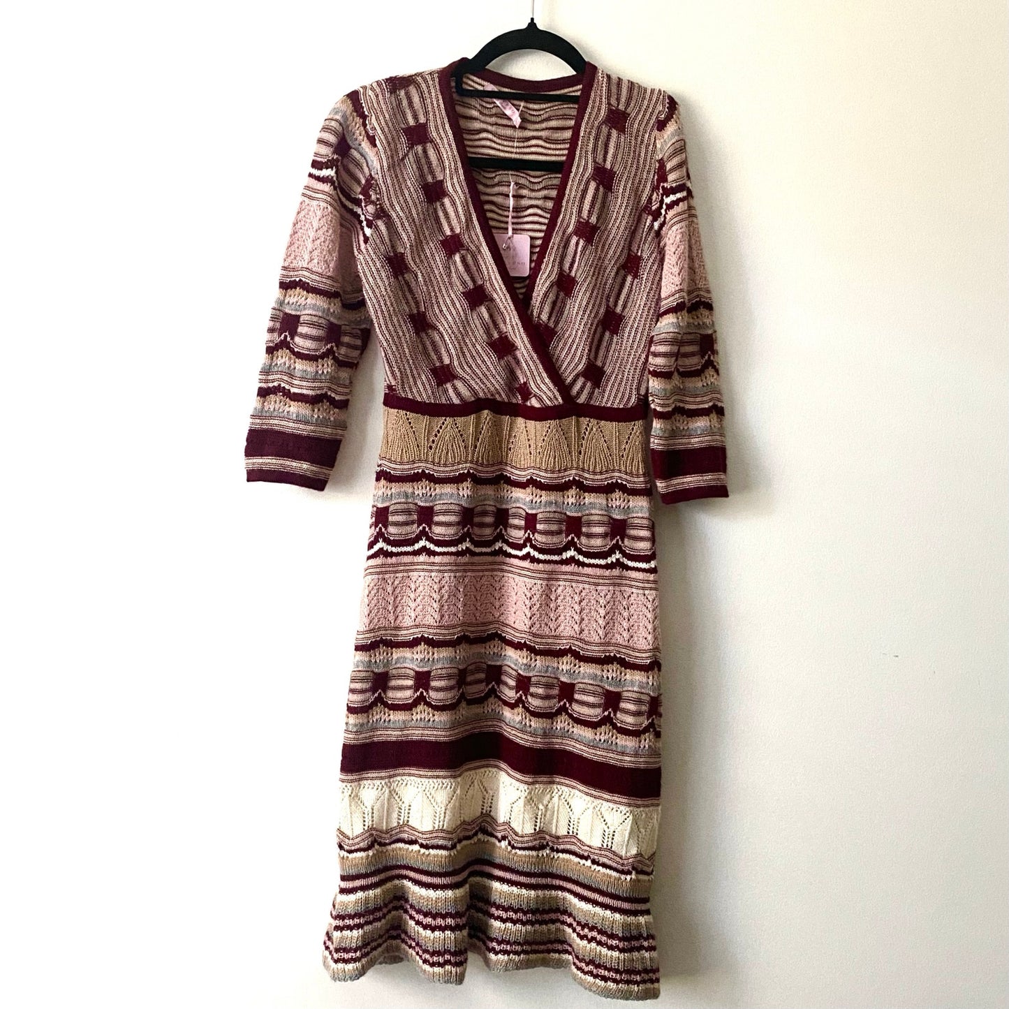 NWT V-Neck Pink/ Burgundy/ Cream/ Striped Baby Alpaca Wool Knit Ruffle Hem Dress (L)