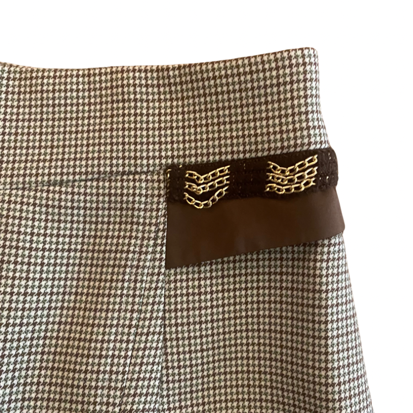 Vintage Green/Brown/White Houndstooth Print Button Down Skirt Suit (Small/Medium)