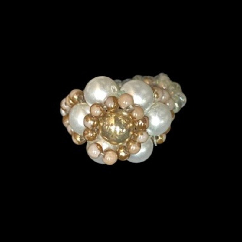 Dainty Vintage Brown/Gold/White Faux Pearl Beaded Flower Ring (5)