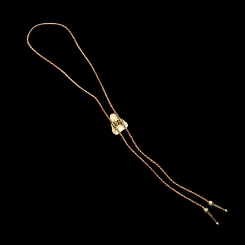 Abstract Cream/Grey/Dark Purple Triangle Camel Brown Leather Cord Bolo Tie