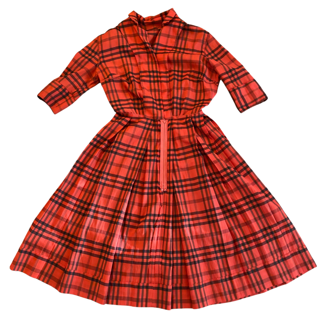 Vintage Red and Black Plaid Button-Down Dress (XS)