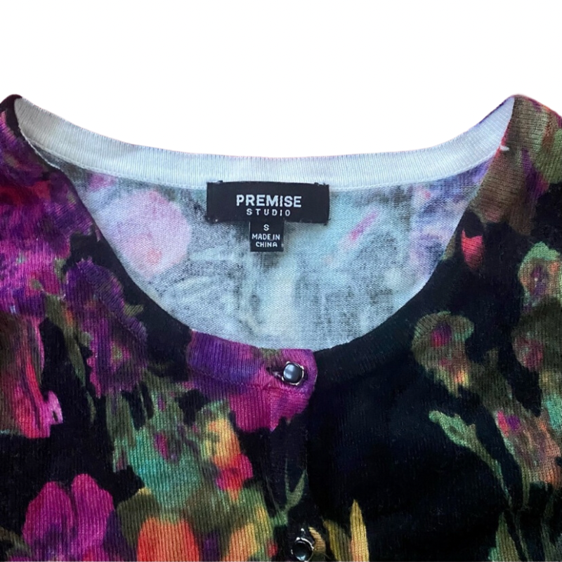 Black & Bright Floral Jungle Cardigan w/ Faux Black Diamond Buttons (S)