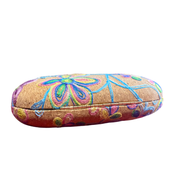 Floral Embroidered Cork Oval Clutch/ Crossbody Bag with Removable Gold Chain Strap