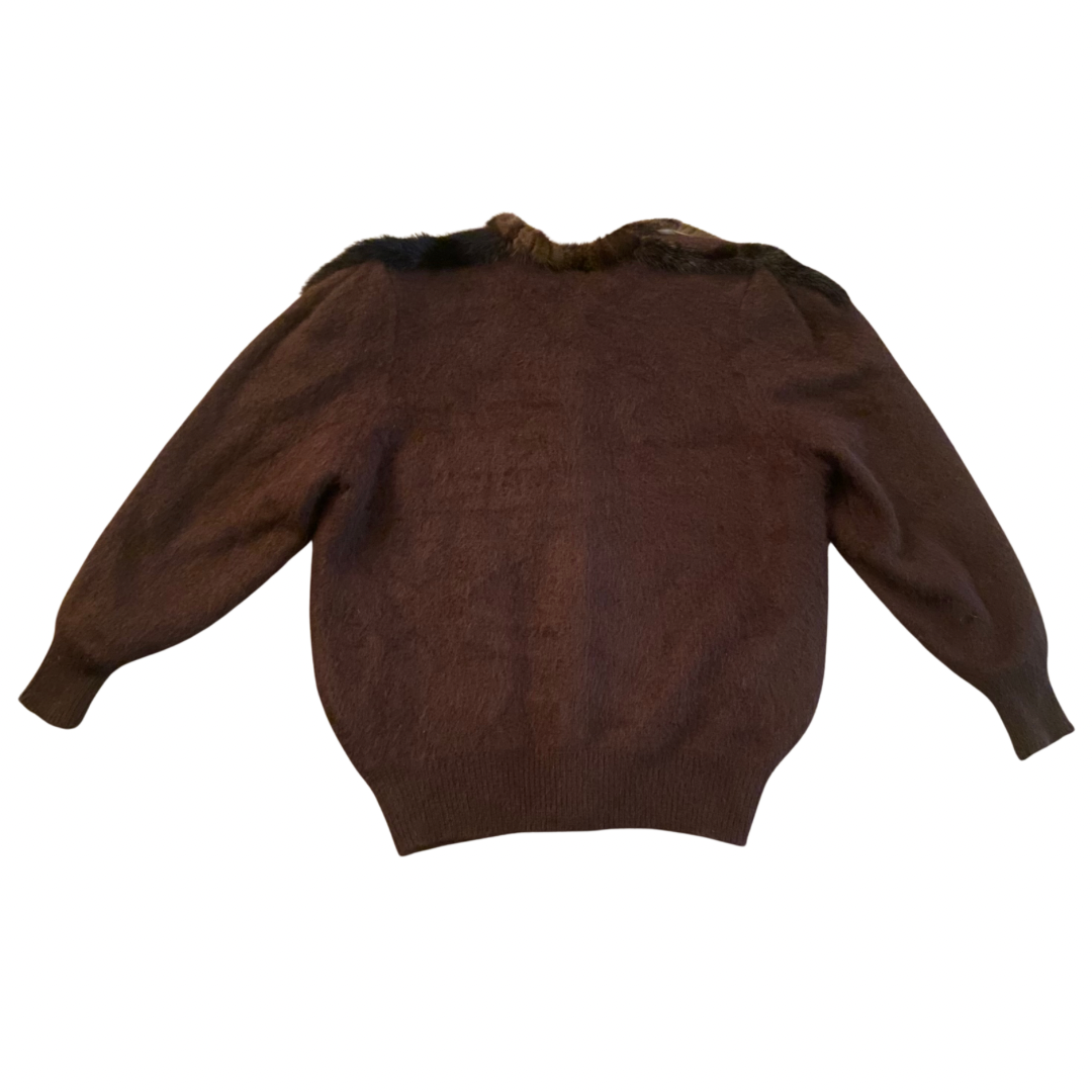 Vintage Chocolate Brown Rabbit Fur Knit Button-Down Sweater (Large)