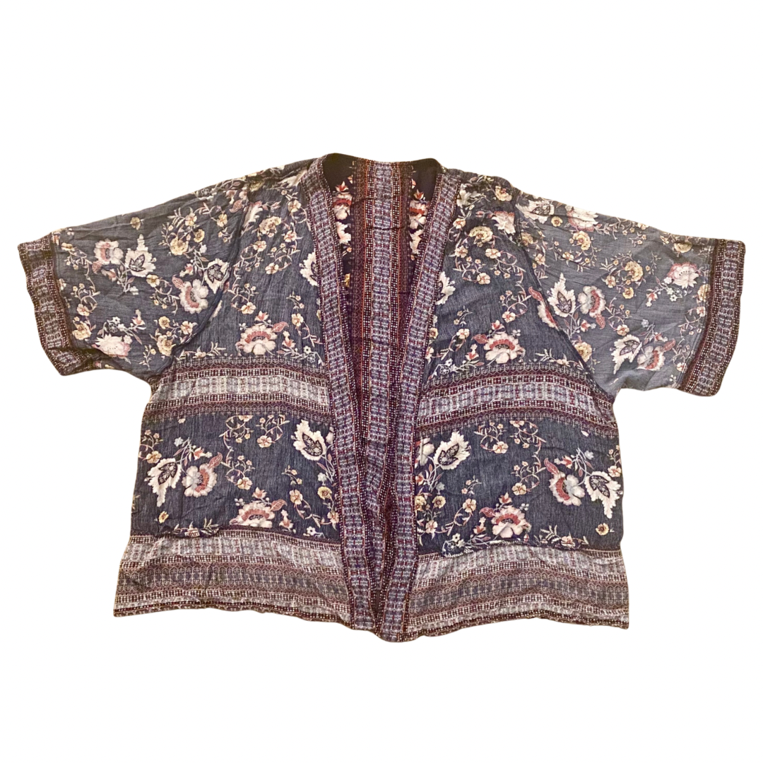 Navy Blue Floral Open Front Rayon Kimono-Inspired Cardigan (L)
