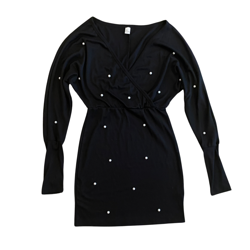 š V-Neck Black Pearl Embellished Dress (S)