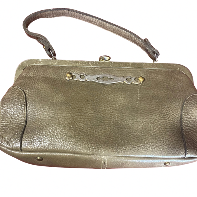Vintage Taupe Pebble Leather Handbag with Pixelated Floral Lining