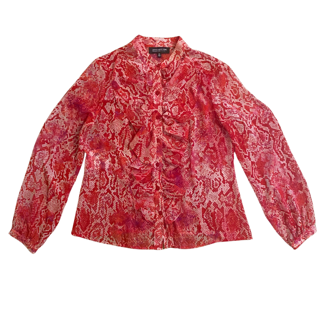 Sheer Pink Snakeskin Pattern Ruffle Button-Down Blouse (8P)