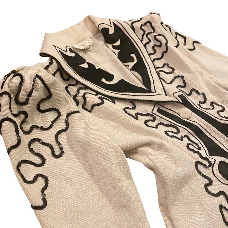 *RARE VINTAGE* Cream & Black 80’s Sequin Embellished Knit Blazer/Jacket with Belt (S)