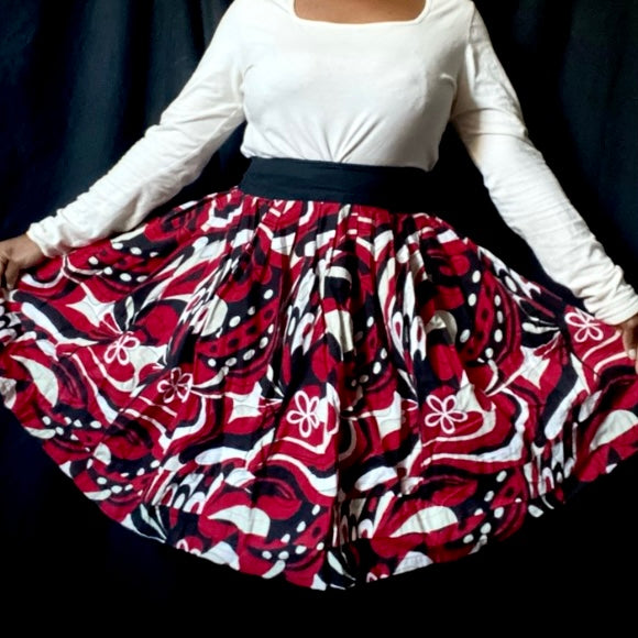 🔔 100% Cotton Red/ Black/White Retro Groovy Floral Circle Midi Skirt w/ Sash (L)