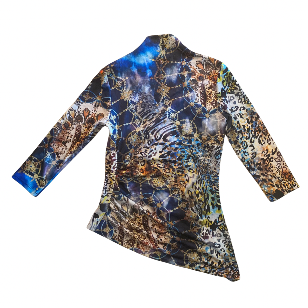 Y2K Ruched Blue & Gold Leopard Print Asymmetrical Hem Top (Small/Medium)