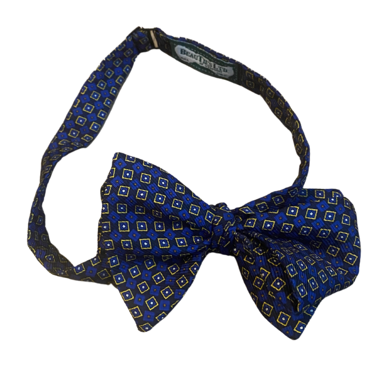 Geometric Print Royal Blue & Yellow Silk Self-Tie Bow Tie