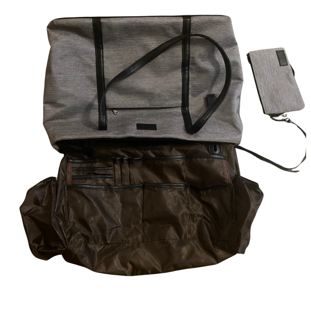 Large Grey Canvas and Black Pleather Laptop/ Work Tote Bag with Detachable Pouch