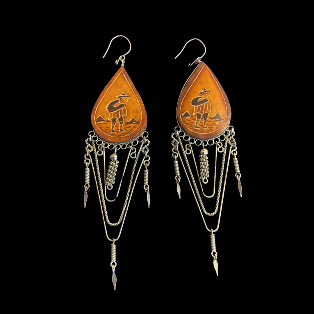 Vintage Wood & Metal Traveler Drop Earrings
