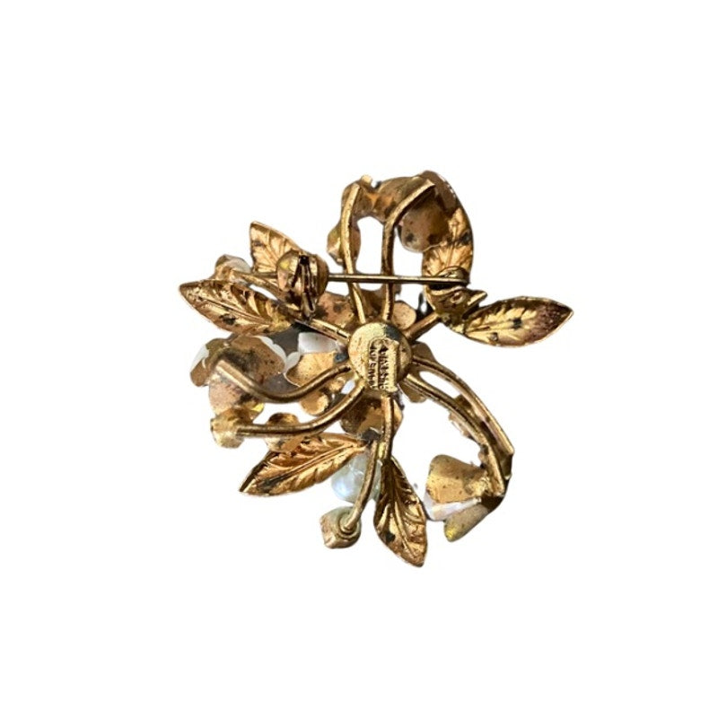1950’s-60’s Vintage Austrian Enamel Gold Floral Rhinestone Brooch