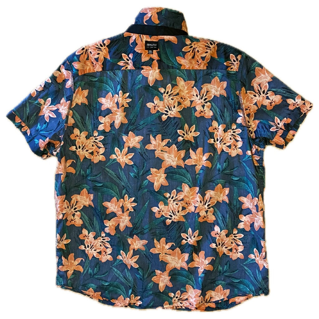 NWT Dark Blue & Orange Hibiscus Print Button Down Shirt (XXL)