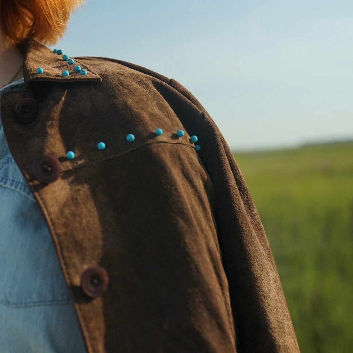 Upcycled Vintage Turquoise Bead Studded Chocolate Brown Suede Genuine Leather Jacket (S)