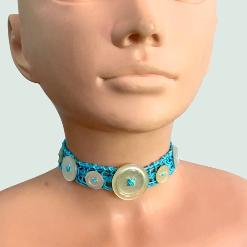 Pearlescent Button Embellished Handknit Turquoise Cotton Choker Necklace