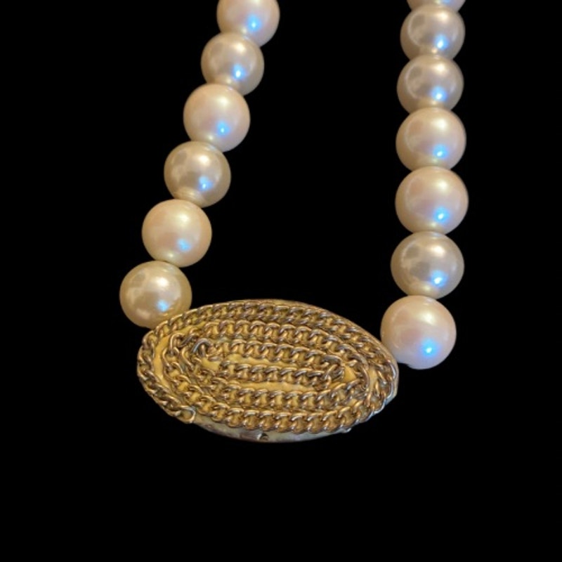 Oval Bronze Accent Mock Pearl Necklace | Handmade with Vintage Beads