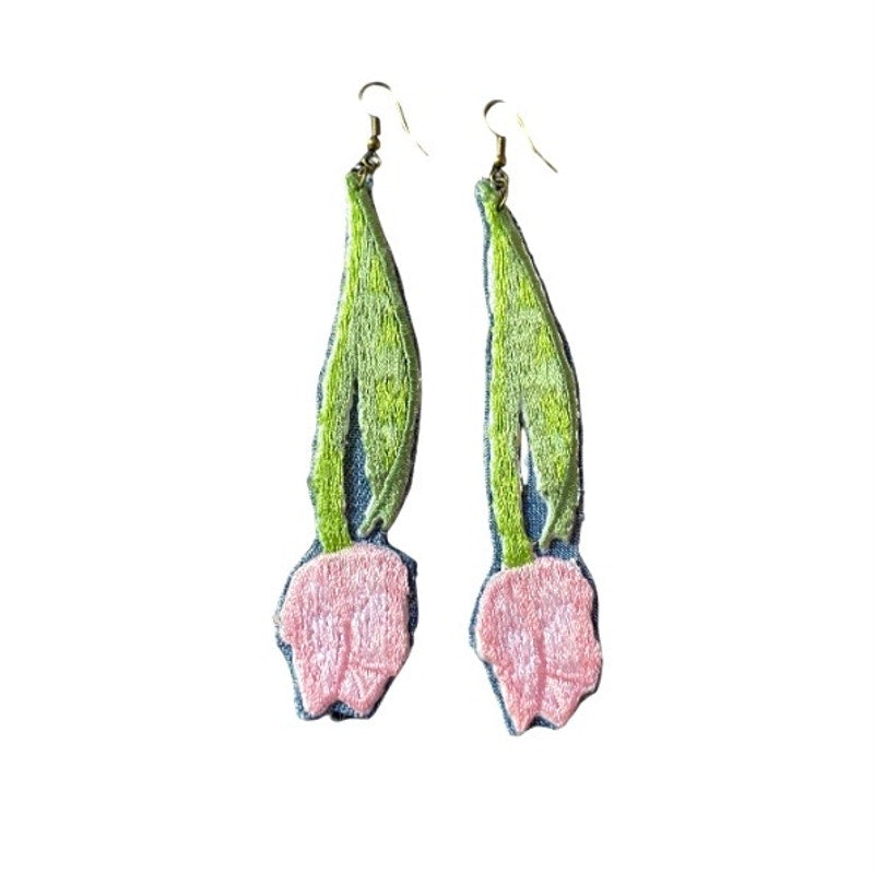 Upcycled Vintage Yellow Tulip Embroidered Patch + Denim Earrings (Upside Down)