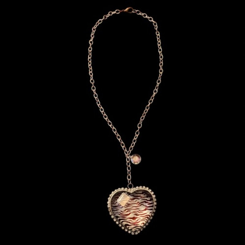 Chunky Resin Zebra Print Rhinestone Heart Silver Toned Metal Pendant Necklace