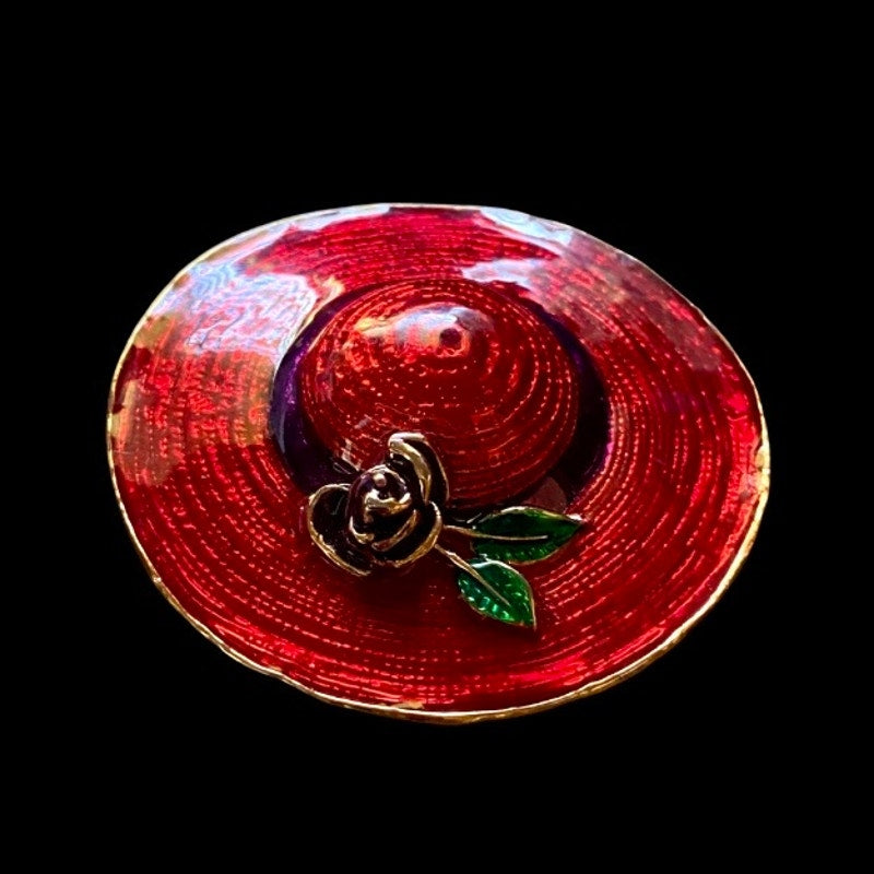 Vintage Large Red Hat Society Gold Rose Accent Brooch