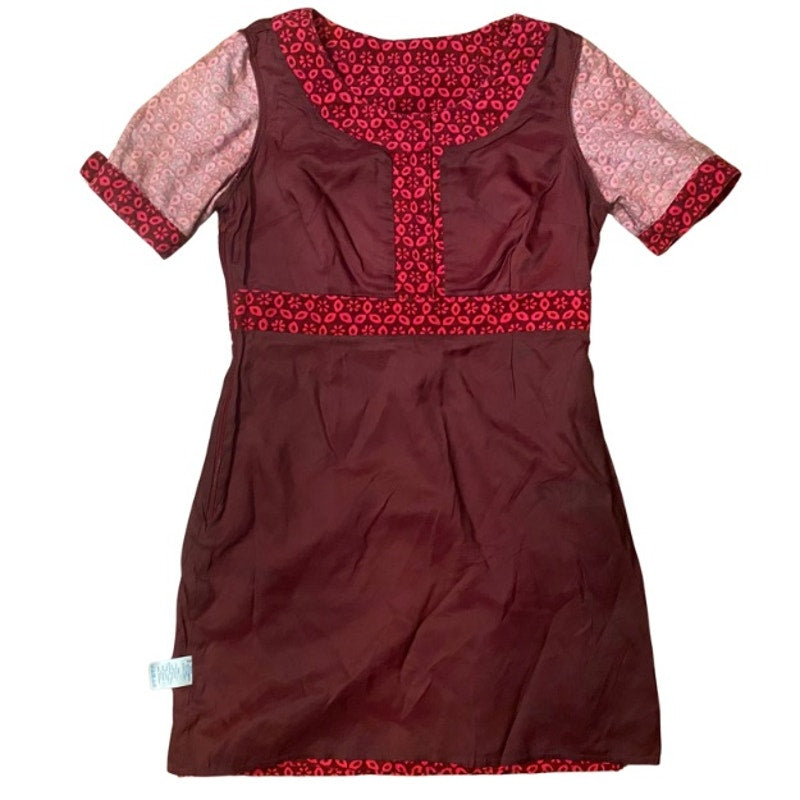 Hot Pink & Maroon Retro Floral Pattern Corduroy Shift Dress (8P)