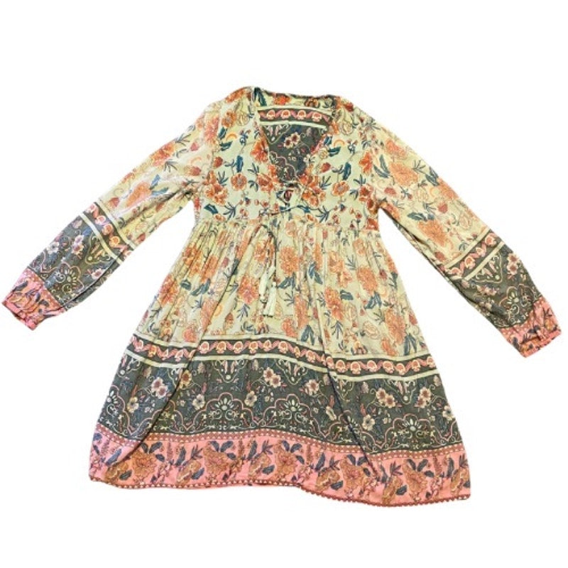 Pink & Blue Patchwork Style Striped Floral Print Long Sleeve Babydoll Dress (4/6)