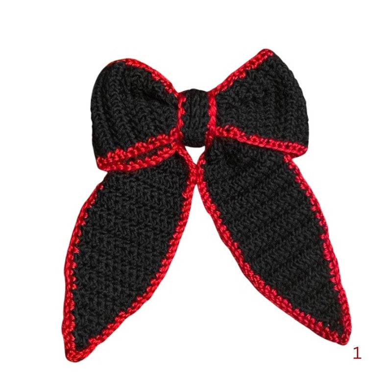 Black Crochet Bow with Red Trim - Handmade Accessory with Removable Clip