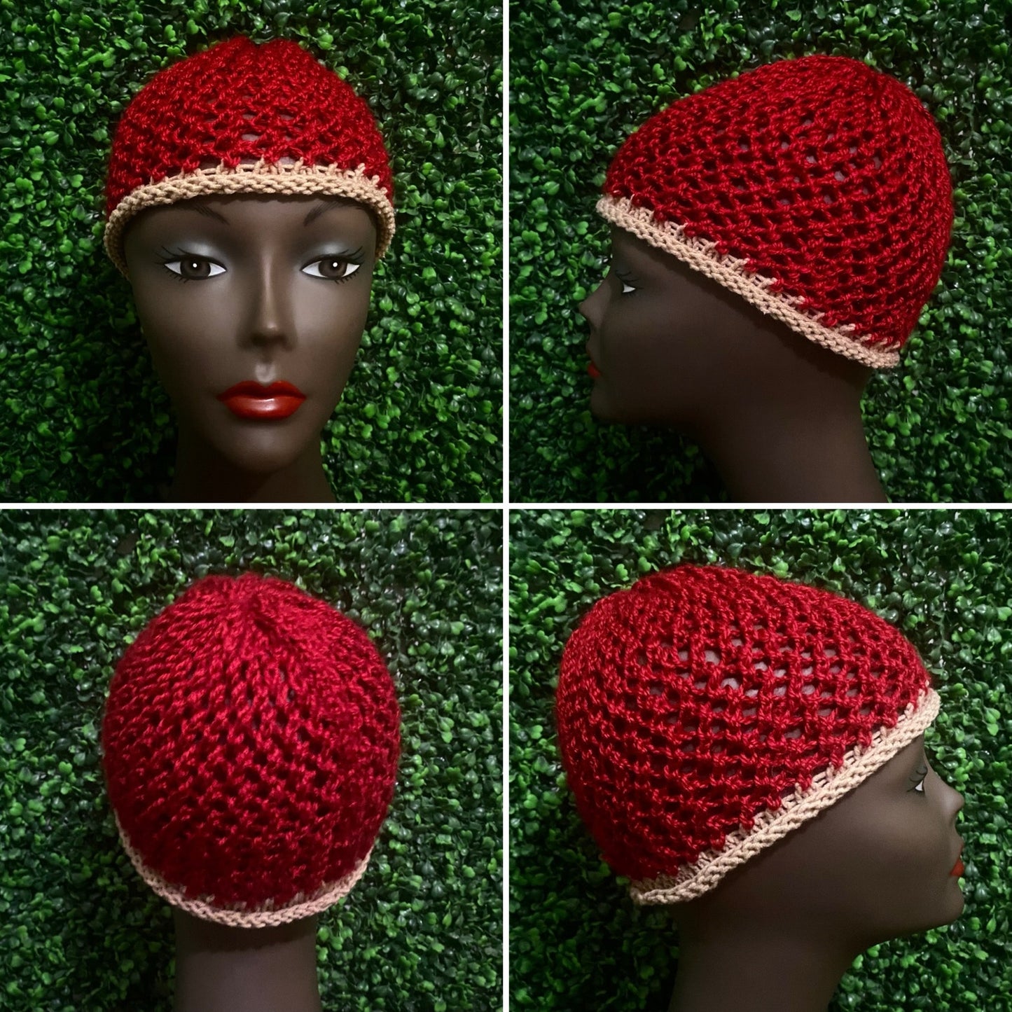 Cherry Red/ Tan Knit Mesh Skull Cap/ Beanie (M/L)
