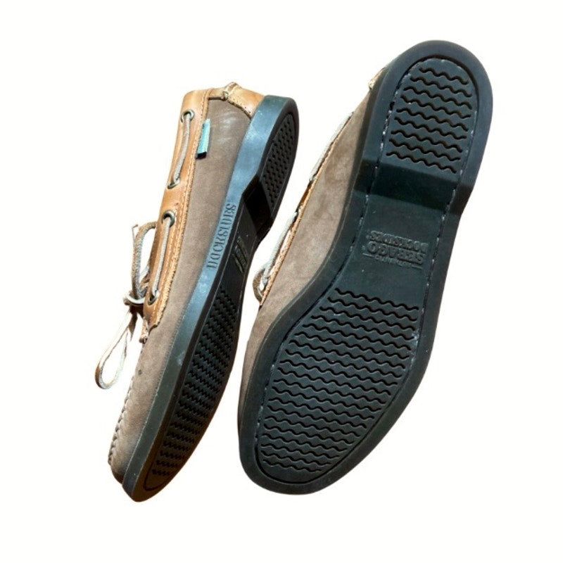 Two-toned Dark Grey/Cognac Brown Leather Sebago Docksides Loafers with Rawhide Laces (Men’s 8.5)