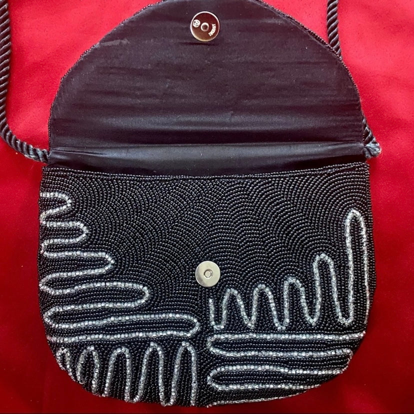 Vintage Black/Silver Micro-beaded Evening Crossbody Bag
