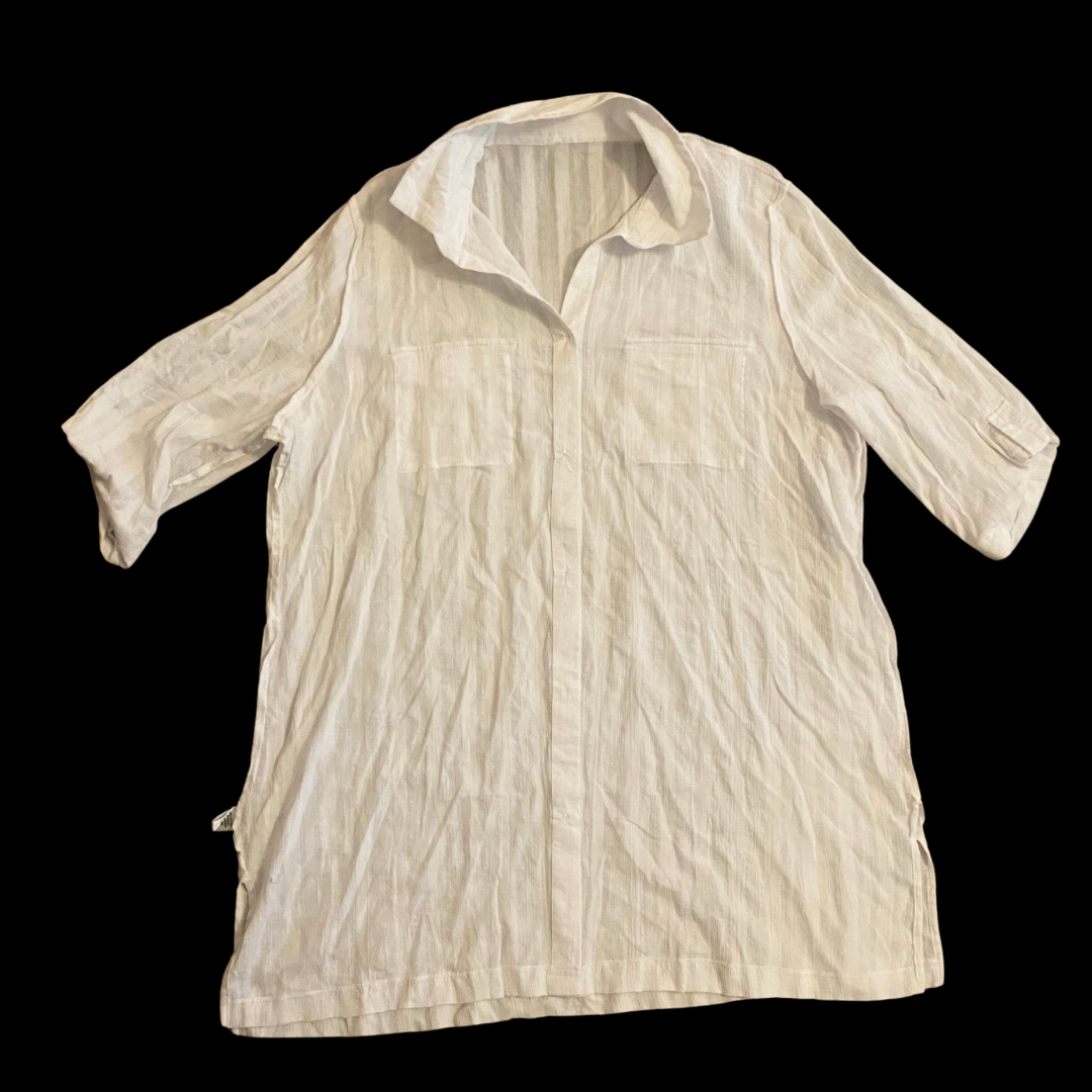 100% Cotton White Woven Striped Button Down 3/4 Length Sleeve Shirt Dress (2X)