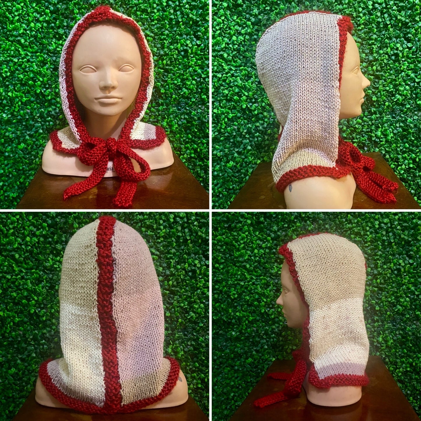 Striped Knit Cherry Red/ Neapolitan Bonnet-clava - Balaclava with Tie Closure (M)