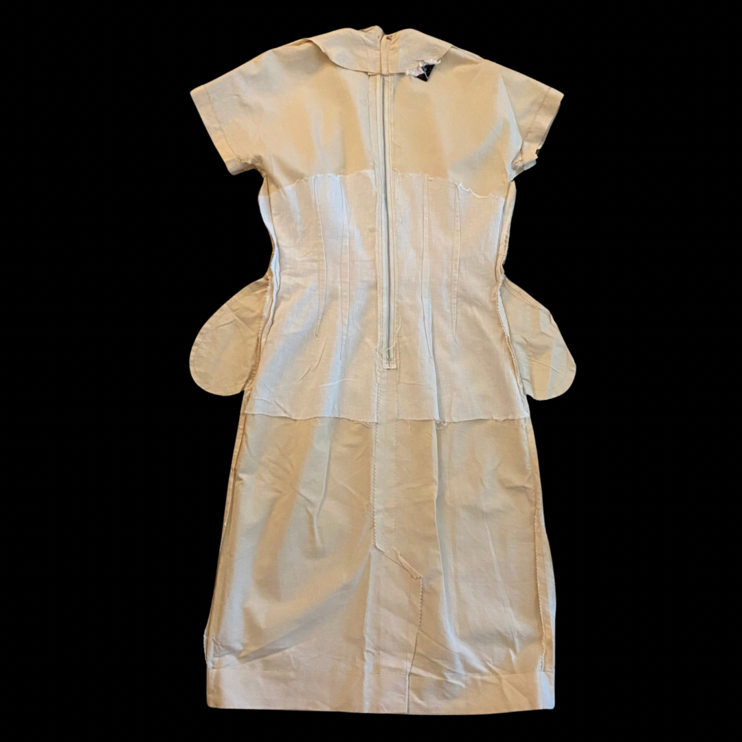 Vintage Beige and White Lace Panel Wiggle Dress with Bow (S)