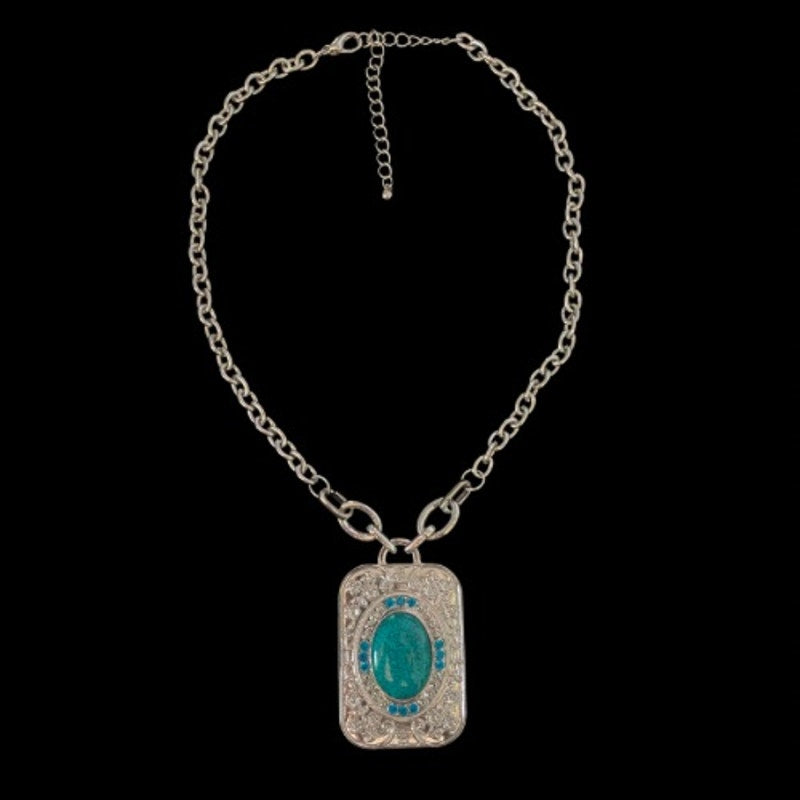 Southwestern Style Floral Etched Costume Silver & Mock Turquoise Rectangle Pendant Necklace & Drop Earring Set